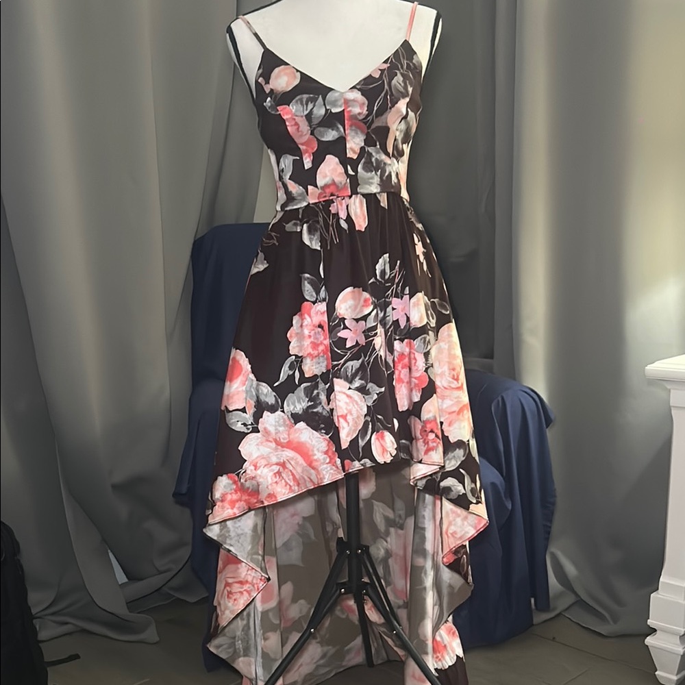 Pink and Brown Asymmetrical High-Low Cocktail Dress